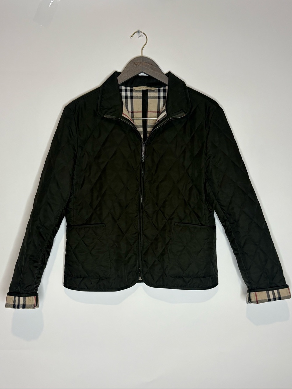 Burberry London Forest Green Diamond-Quilted Full Zip-Up Jacket Nova Check Lined